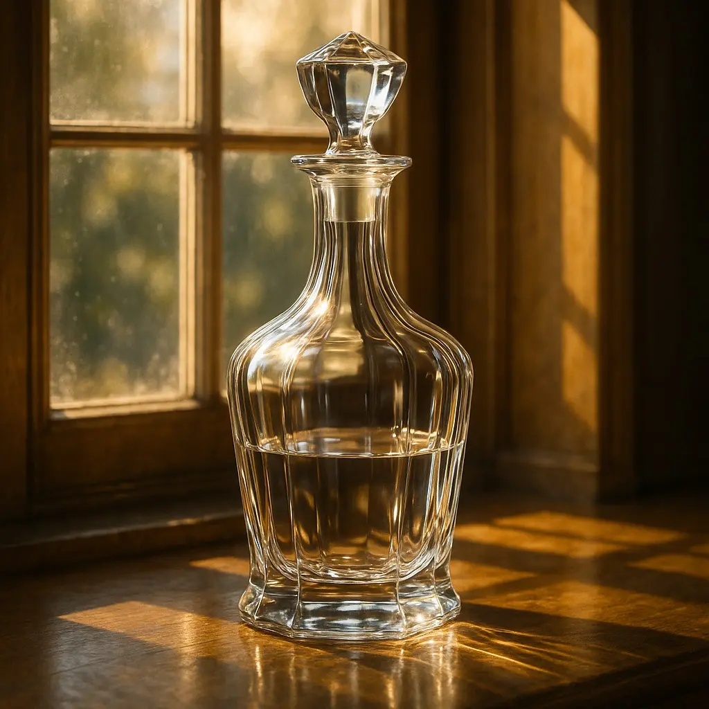 Carafe en verre cristallin posée devant une fenêtre ensoleillée, reflétant la lumière et illustrant l’éclat obtenu grâce à un bon entretien