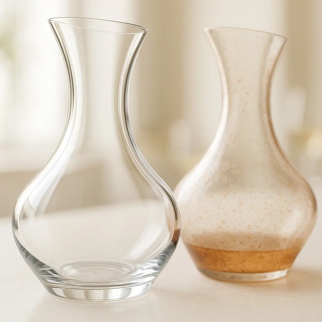Carafe en verre parfaitement propre à côté d’une carafe ternie par des résidus de calcaire, illustrant les enjeux d’hygiène et de goût