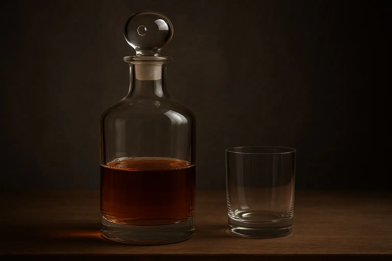 Carafe à whisky en verre transparent avec bouchon sphérique et verre vide à côté, posés sur une table en bois sombre.