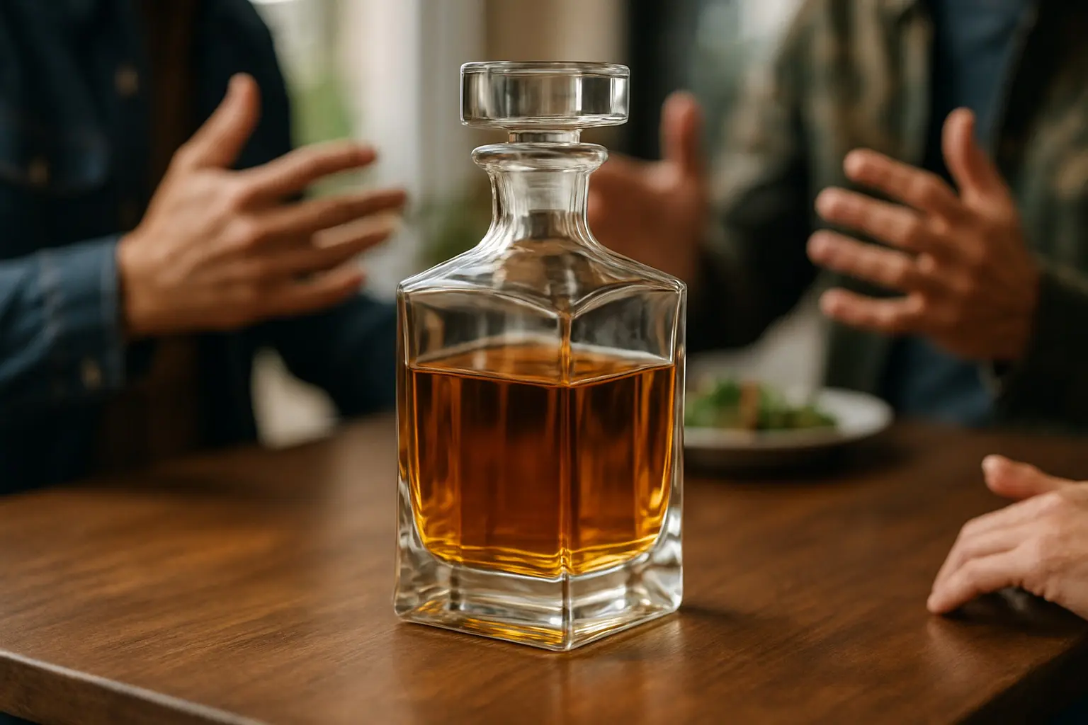 Carafe à whisky posée sur une table en bois, stable au centre d’une discussion animée entre convives