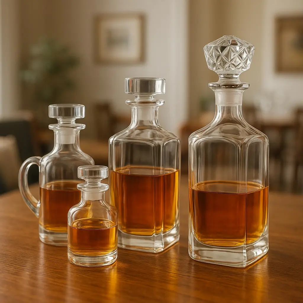 Quatre carafes à whisky en verre de tailles différentes, avec bouchons hermétiques et design varié, alignées sur une table en bois.