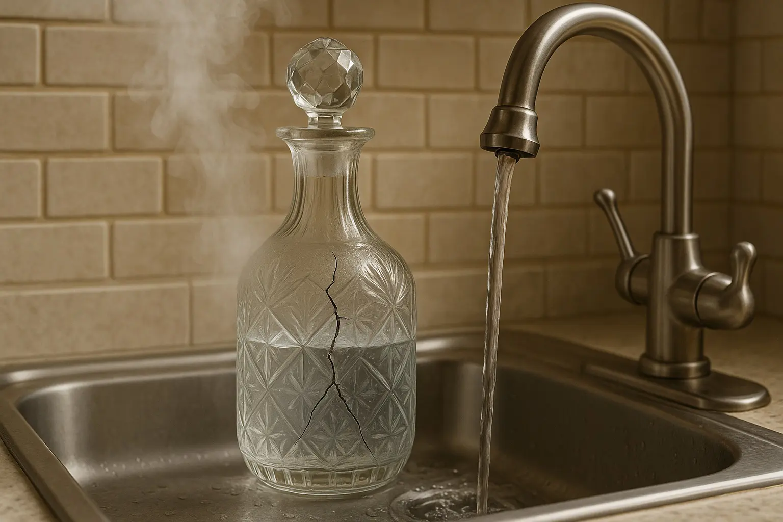 Carafe en cristal fissurée dans un évier à cause d’un choc thermique entre eau chaude fumante et eau froide du robinet