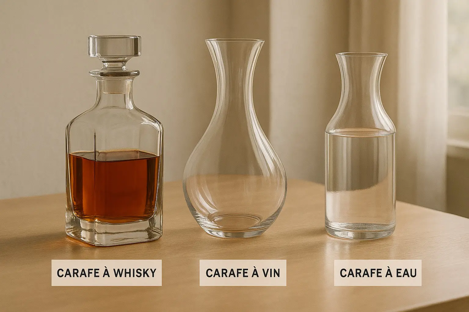 Comparaison entre une carafe à whisky avec bouchon, une carafe à vin sans bouchon et une carafe à eau en verre posées sur une table.