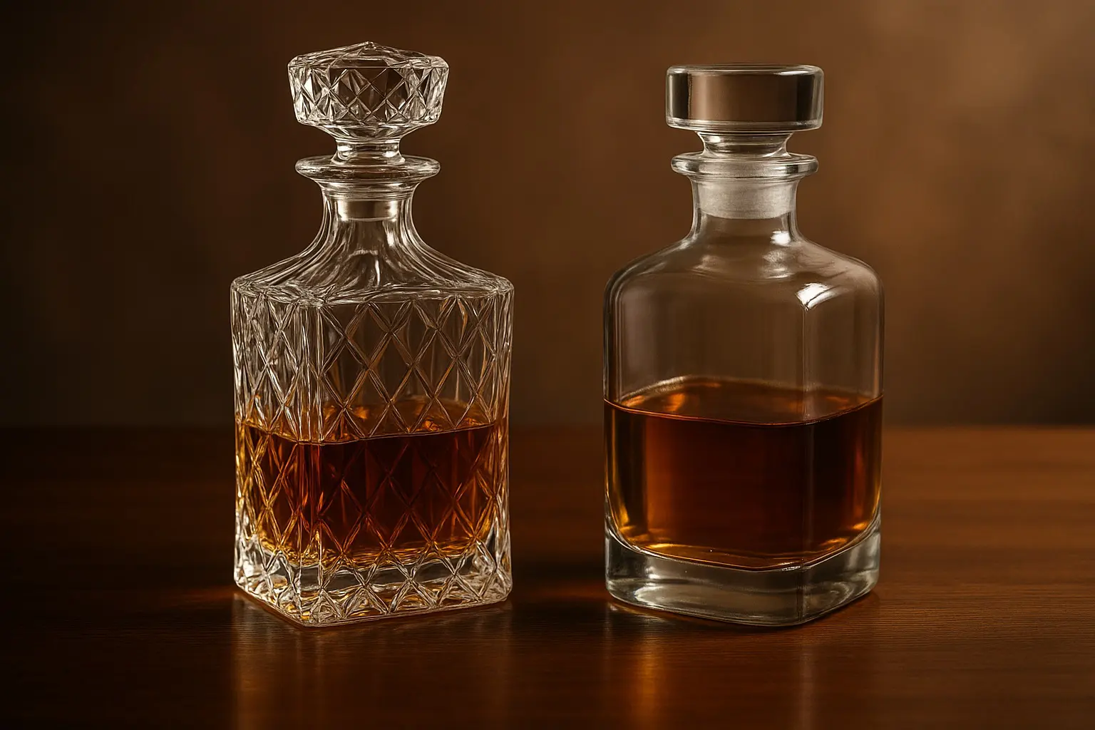Deux carafes à whisky aux designs différents posées sur une table, l’une taillée en cristal, l’autre lisse et épurée