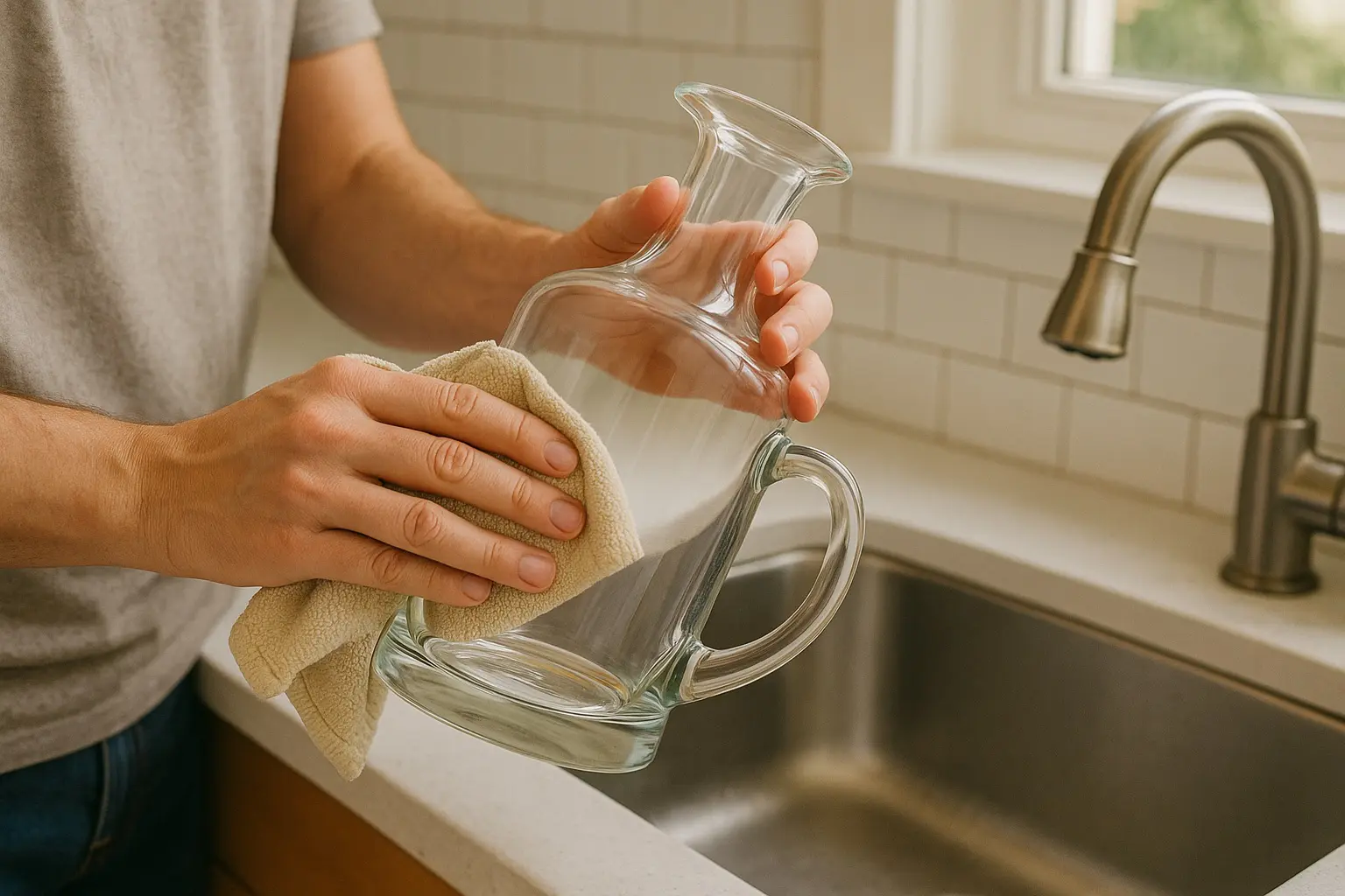 Nettoyage manuel d’une carafe en verre à l’aide d’un chiffon doux au-dessus d’un évier de cuisine