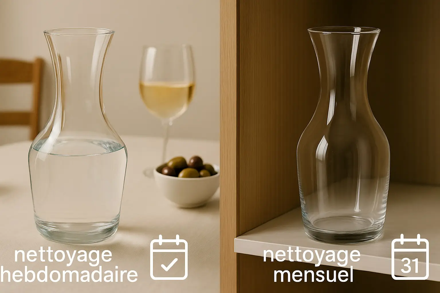 Comparaison visuelle entre une carafe en verre utilisée régulièrement nécessitant un nettoyage hebdomadaire et une carafe rangée pour un nettoyage mensuel