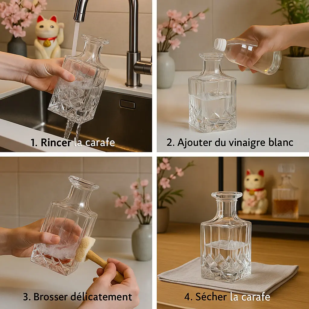 Quatre étapes illustrées pour nettoyer une carafe en verre : rinçage, ajout de vinaigre blanc, brossage doux et séchage sur torchon