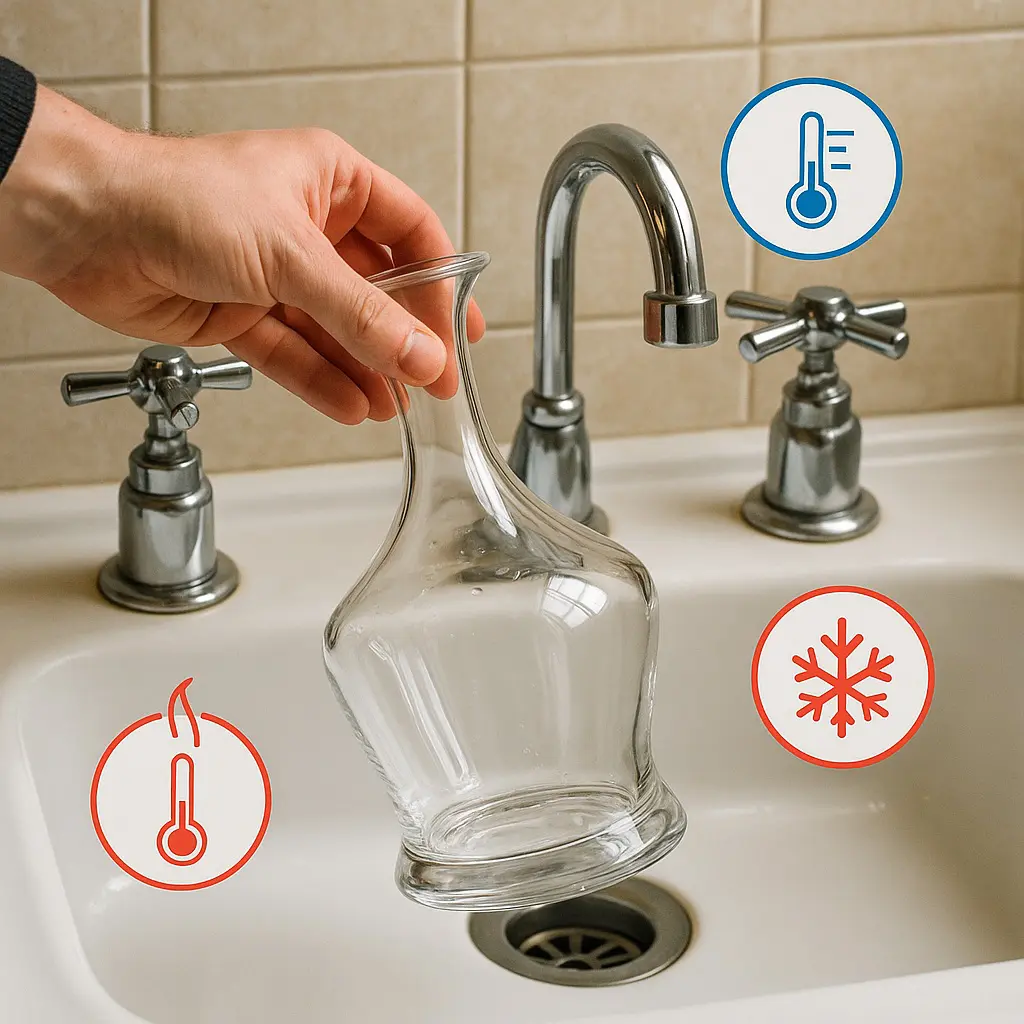 Main tenant une carafe en verre au-dessus d’un évier, entourée de symboles de chaud, froid et tiède pour illustrer les précautions contre les chocs thermiques