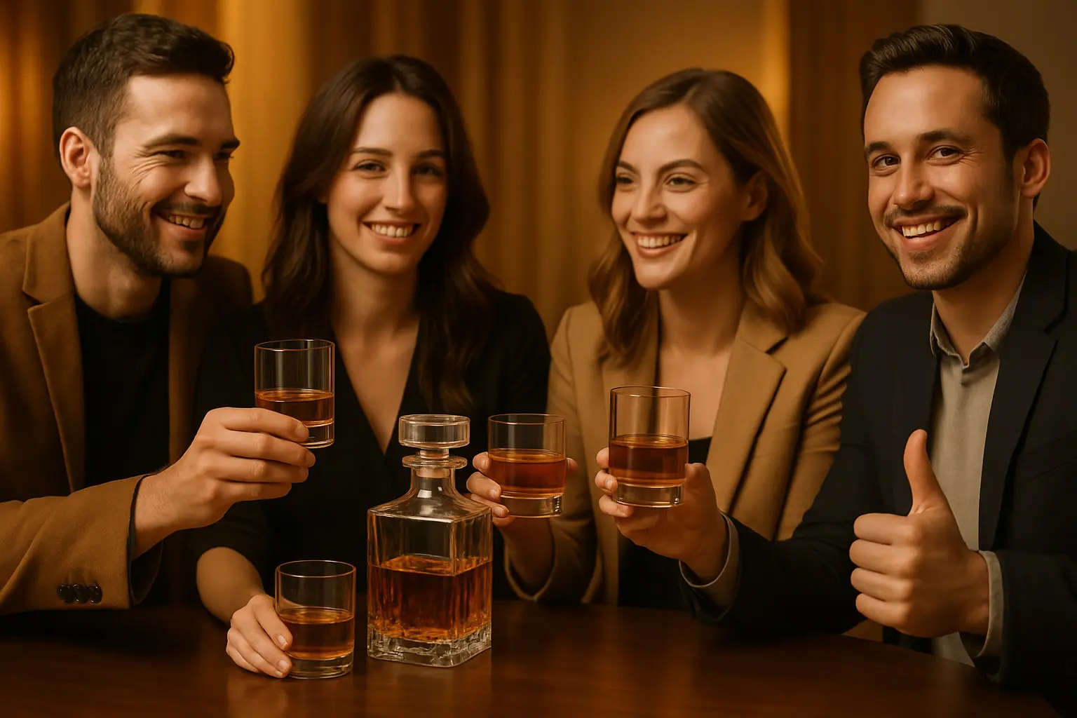 Groupe d’amis souriants partageant un verre de whisky autour d’une carafe pendant un apéritif convivial