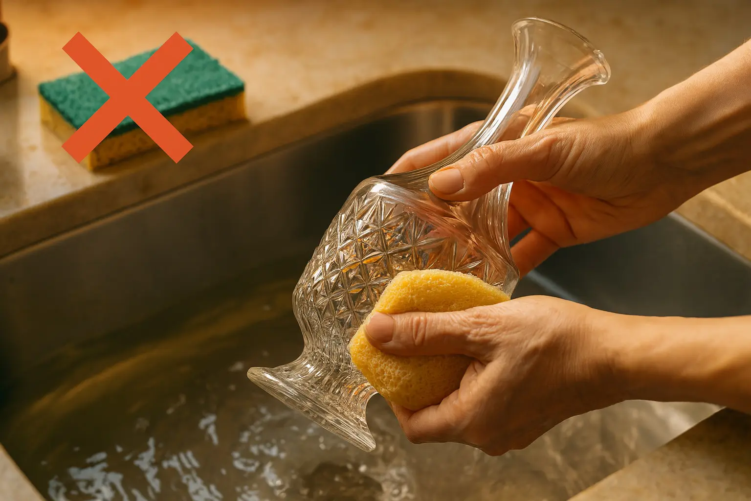 Nettoyage manuel d’une carafe ancienne avec une éponge douce, symbole rouge indiquant d’éviter les éponges abrasives