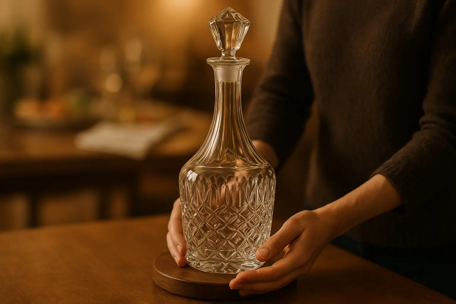 Personne tenant une carafe en cristal taillé par la base, posée sur un support en bois, pour éviter les chocs