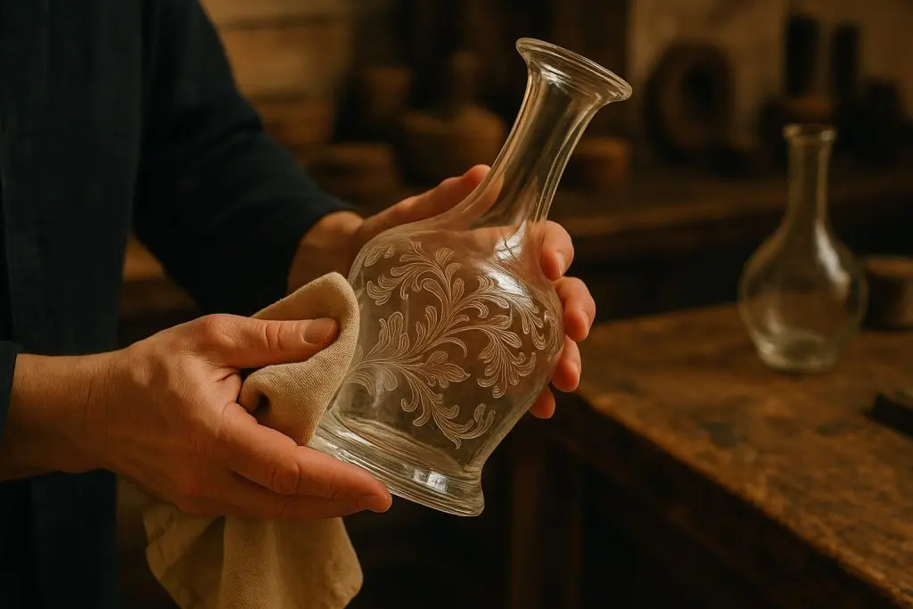 Nettoyage délicat d’une carafe ancienne en verre gravé à la main avec un chiffon doux, dans un atelier artisanal