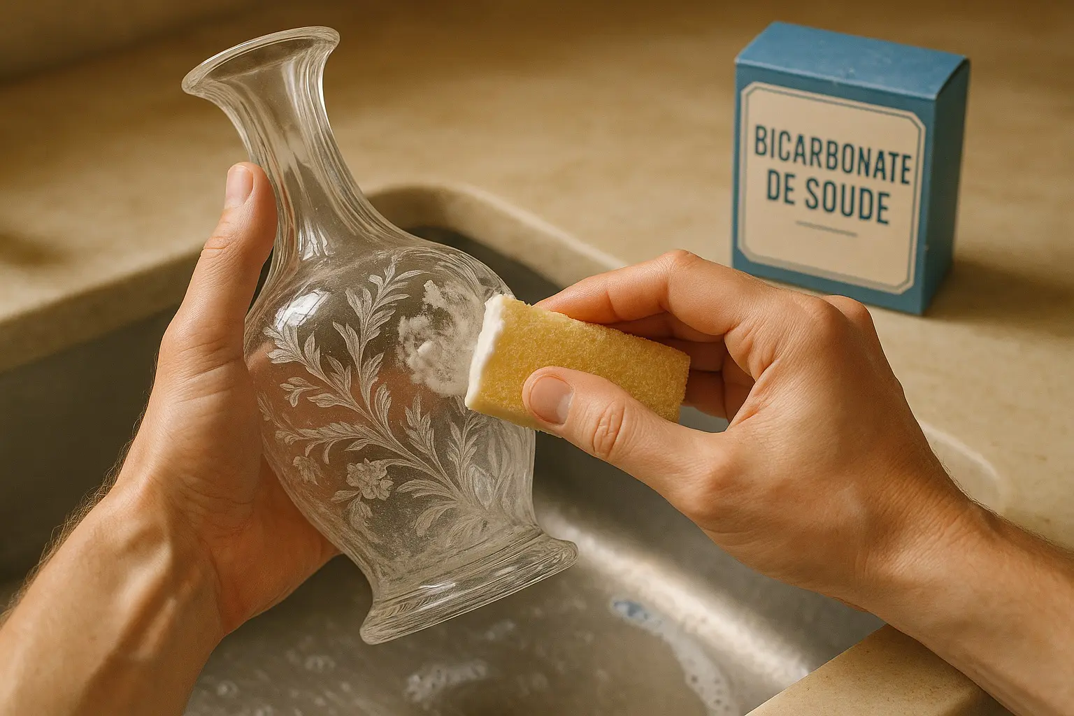 Nettoyage d’une carafe en verre décoré avec du bicarbonate de soude et une éponge douce