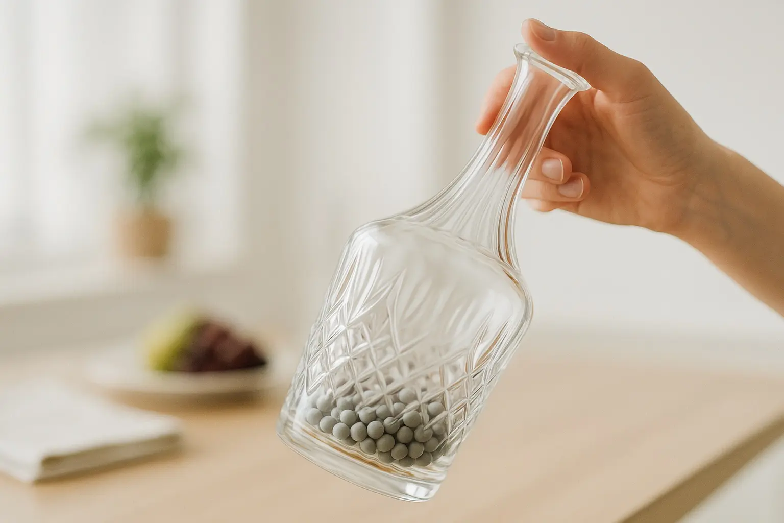 Carafe ancienne en verre taillé contenant des billes de nettoyage écologiques, méthode douce pour éliminer les taches