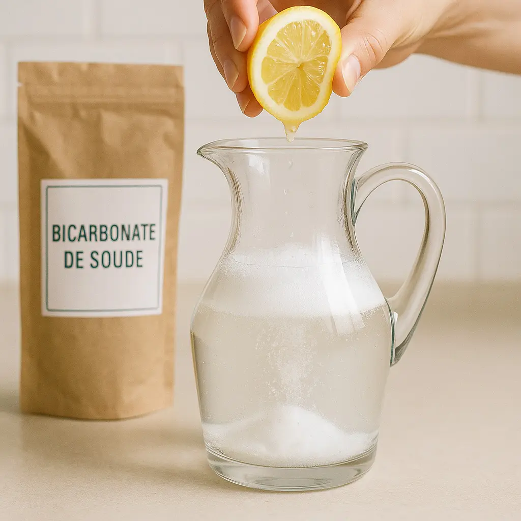 Main pressant un demi-citron au-dessus d’une carafe en verre contenant du bicarbonate de soude pour éliminer les traces tenaces