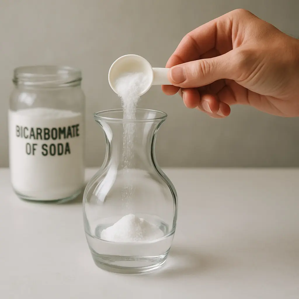 Main versant une cuillère de bicarbonate de soude dans une carafe en verre pour un nettoyage naturel et efficace