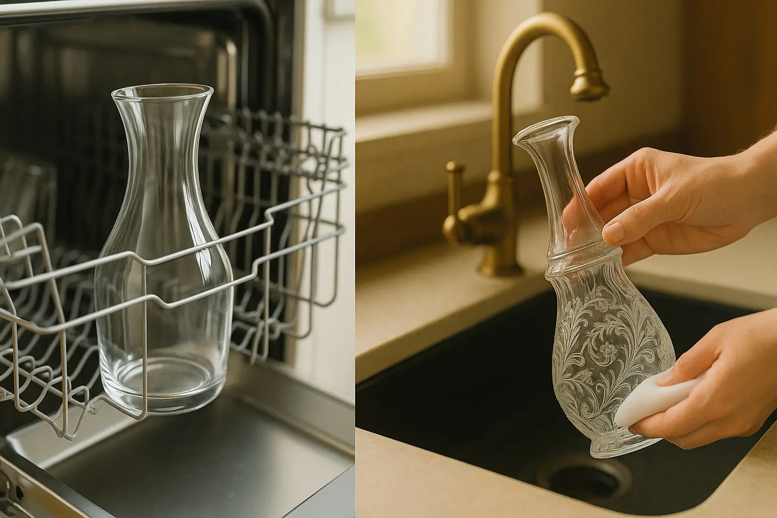 Comparaison entre une carafe en verre placée dans un lave-vaisselle et une carafe ancienne gravée nettoyée à la main avec une éponge douce