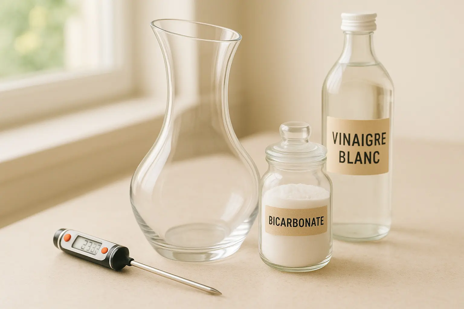 Accessoires pour nettoyer une carafe en verre : vinaigre blanc, bicarbonate de soude, thermomètre et carafe propre, dans une ambiance lumineuse