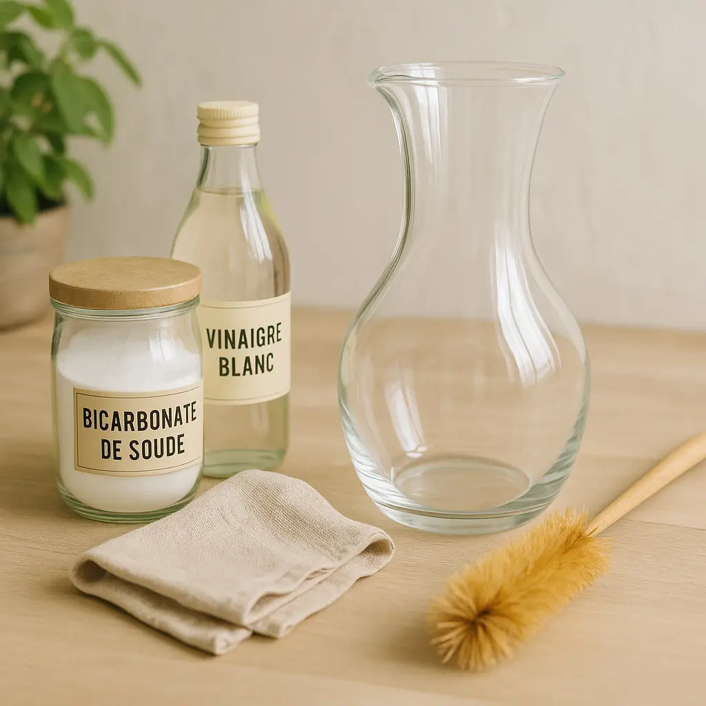 Accessoires naturels pour nettoyer une carafe en verre : bicarbonate de soude, vinaigre blanc, brosse douce et chiffon, sans produit agressif