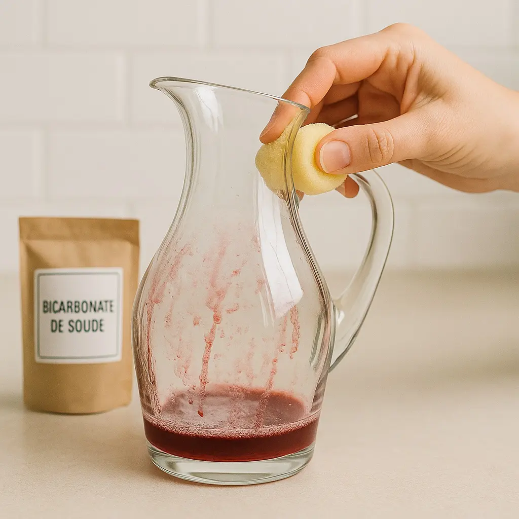 Main nettoyant une carafe en verre tachée de vin rouge avec un morceau de citron, sachet de bicarbonate de soude en arrière-plan