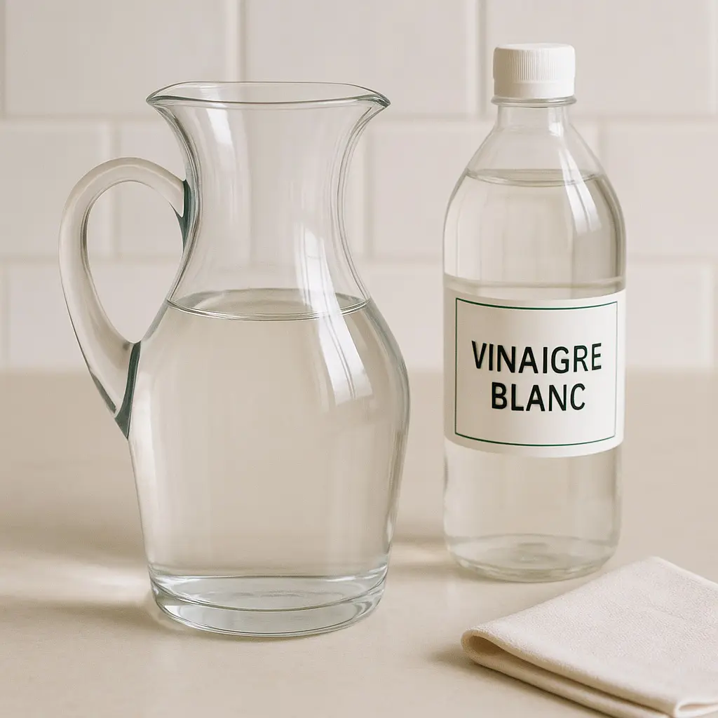 Carafe en verre remplie d’eau à côté d’une bouteille de vinaigre blanc, méthode naturelle pour éliminer le calcaire