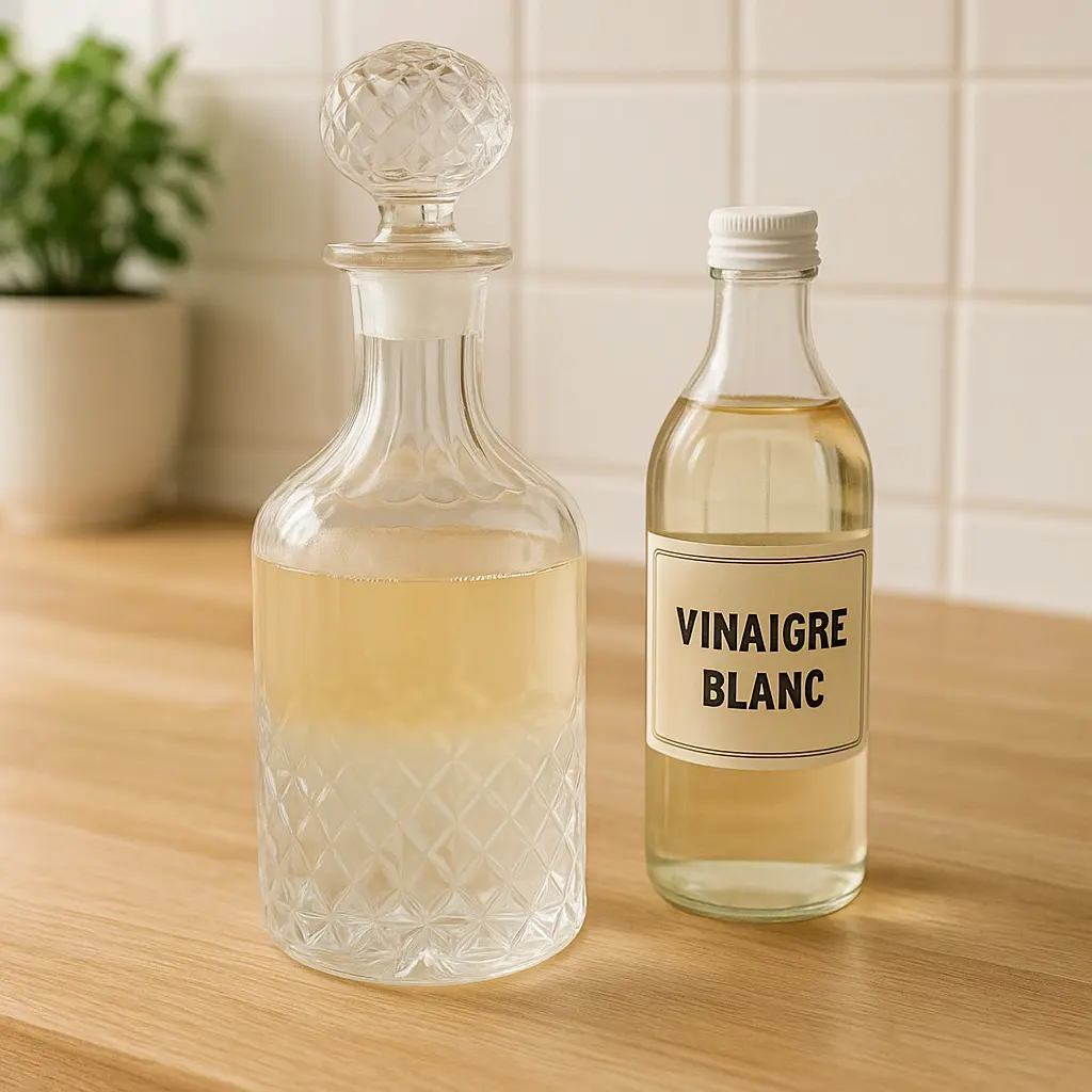 Carafe ancienne remplie d’un mélange d’eau tiède et de vinaigre blanc pour éliminer le calcaire et les odeurs