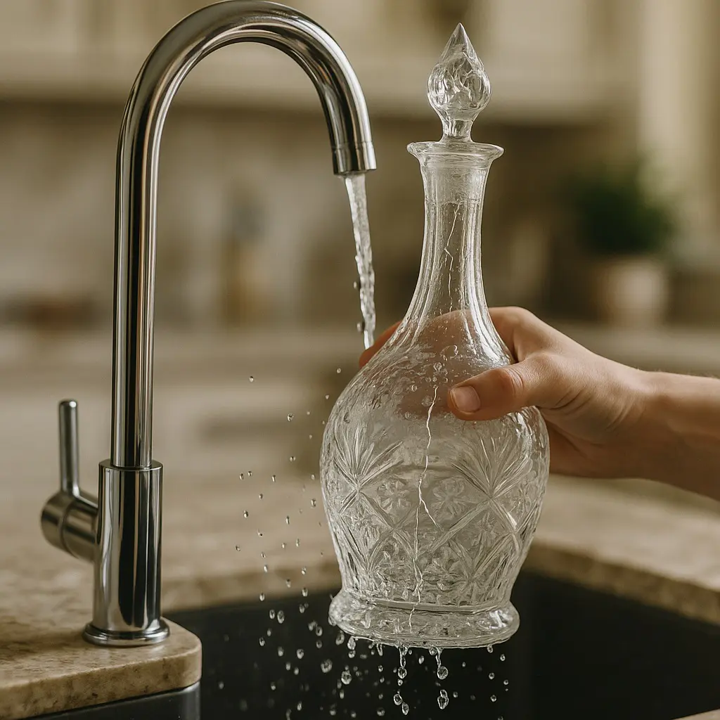 Rinçage immédiat d’une carafe en verre après usage sous un robinet d’eau claire