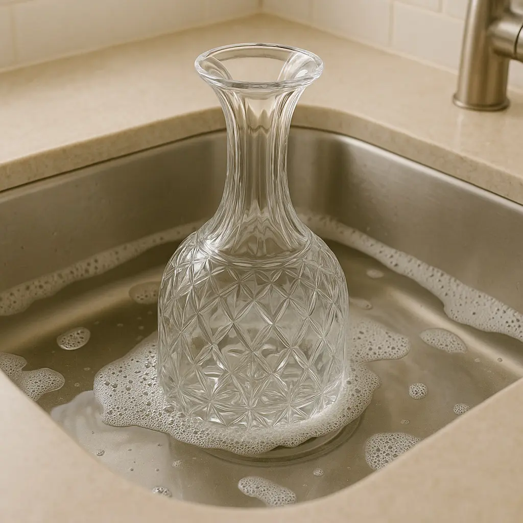 Carafe en verre immergée dans un évier rempli d’eau savonneuse pour un nettoyage complet