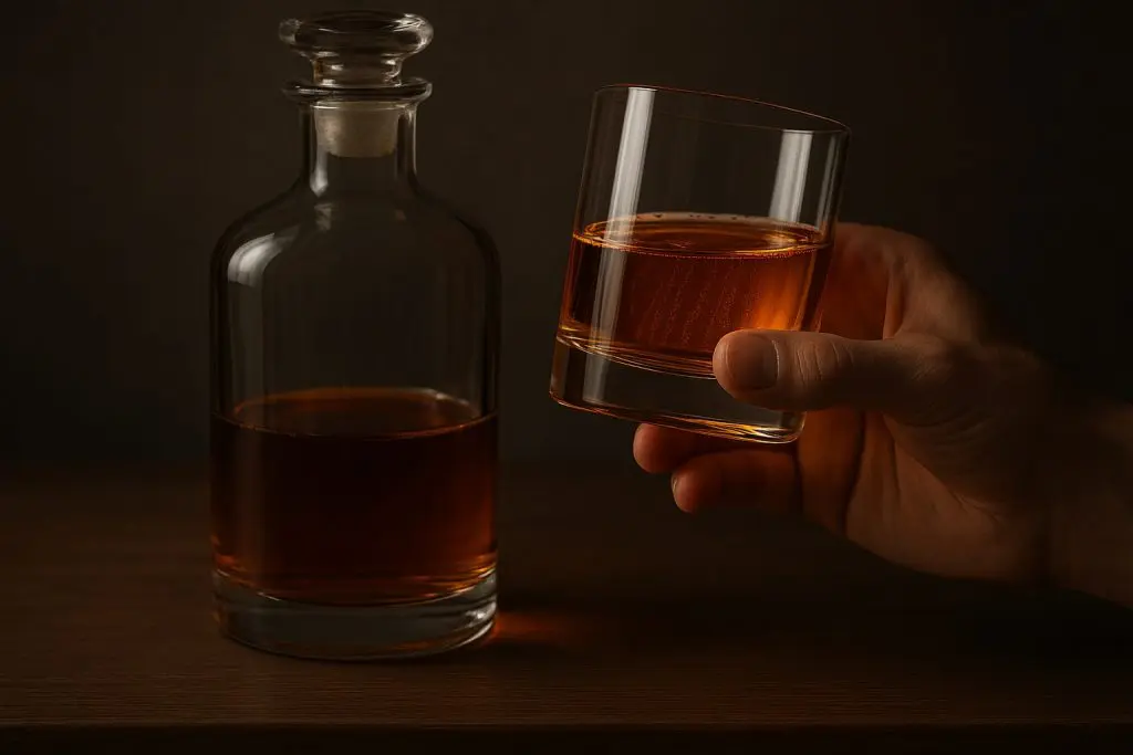 Main tenant un verre de whisky à côté d’une carafe en verre, mettant en valeur la couleur et la limpidité du spiritueux
