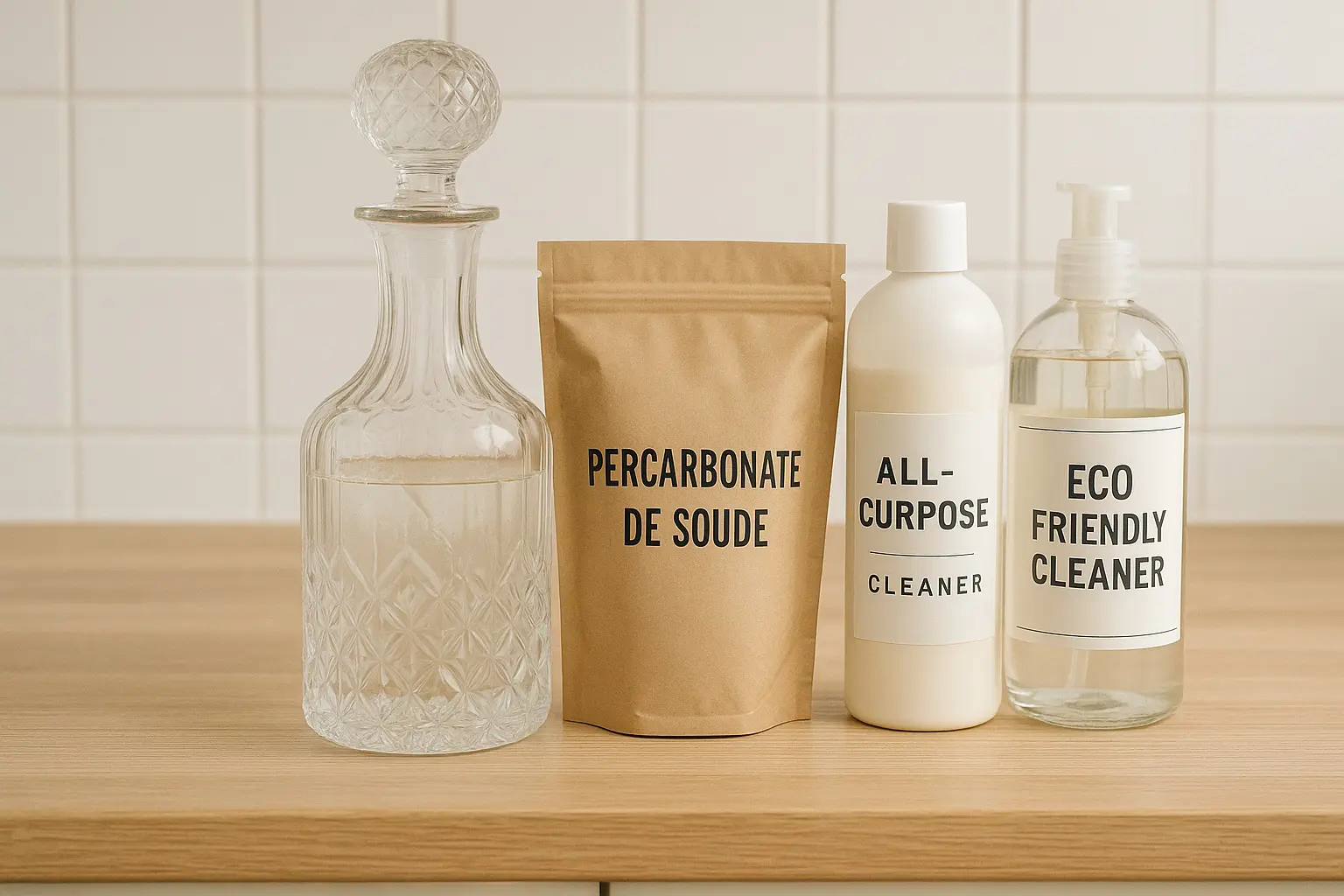 Carafe ancienne avec percarbonate de soude et nettoyants écologiques pour entretien du verre