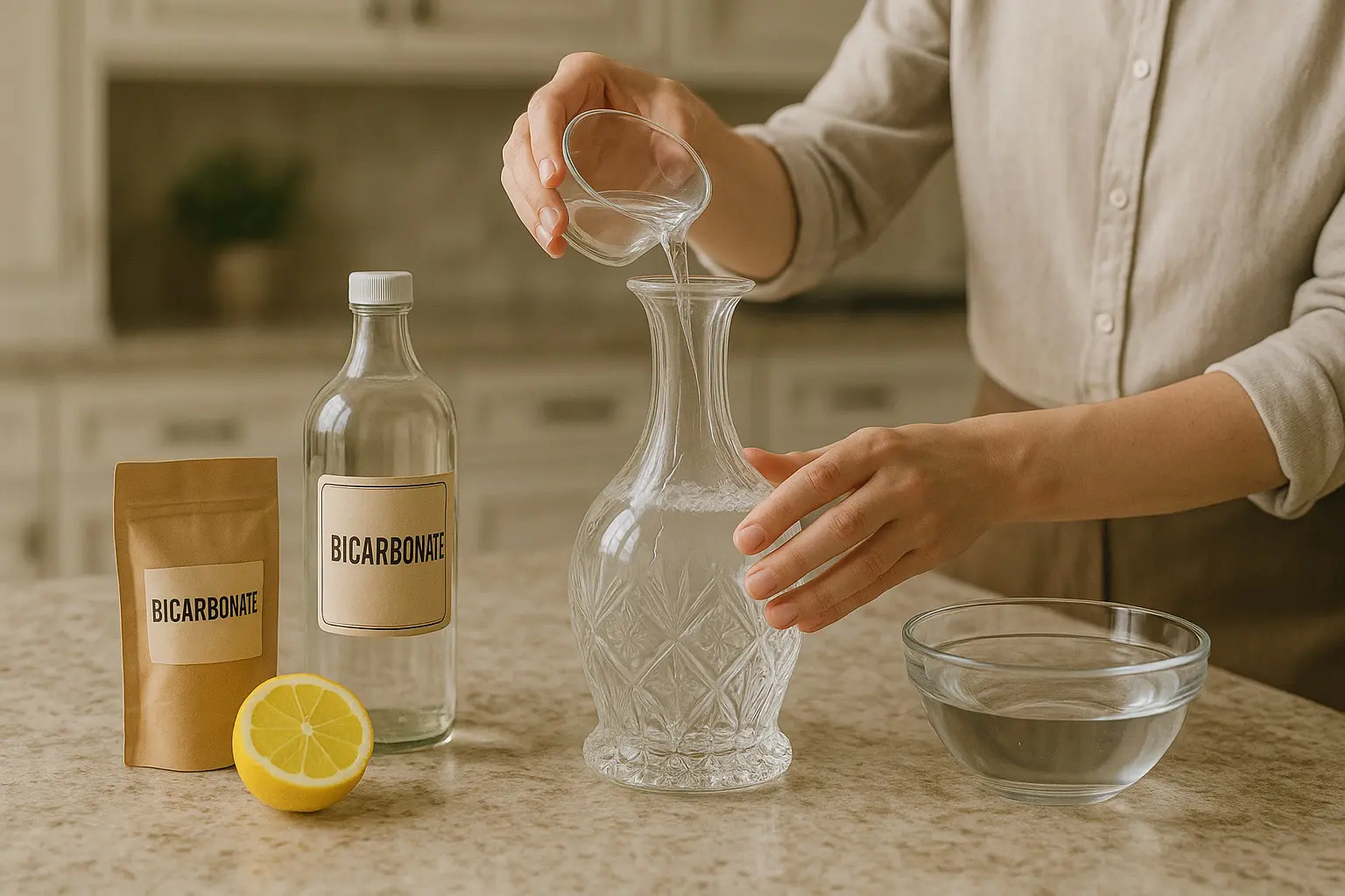 Préparation d’une solution naturelle au bicarbonate et citron pour nettoyer une carafe en verre taillé