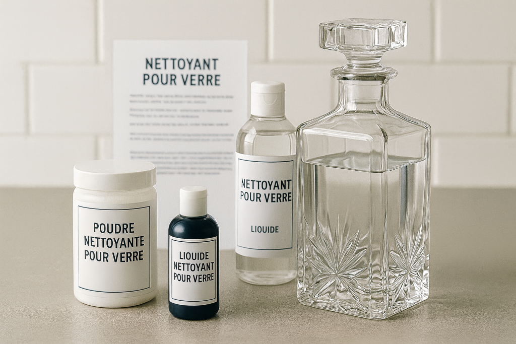 Produits spécialisés pour le nettoyage du verre, poudres et liquides posés près d’une carafe à whisky, notice d’utilisation à l’arrière-plan
