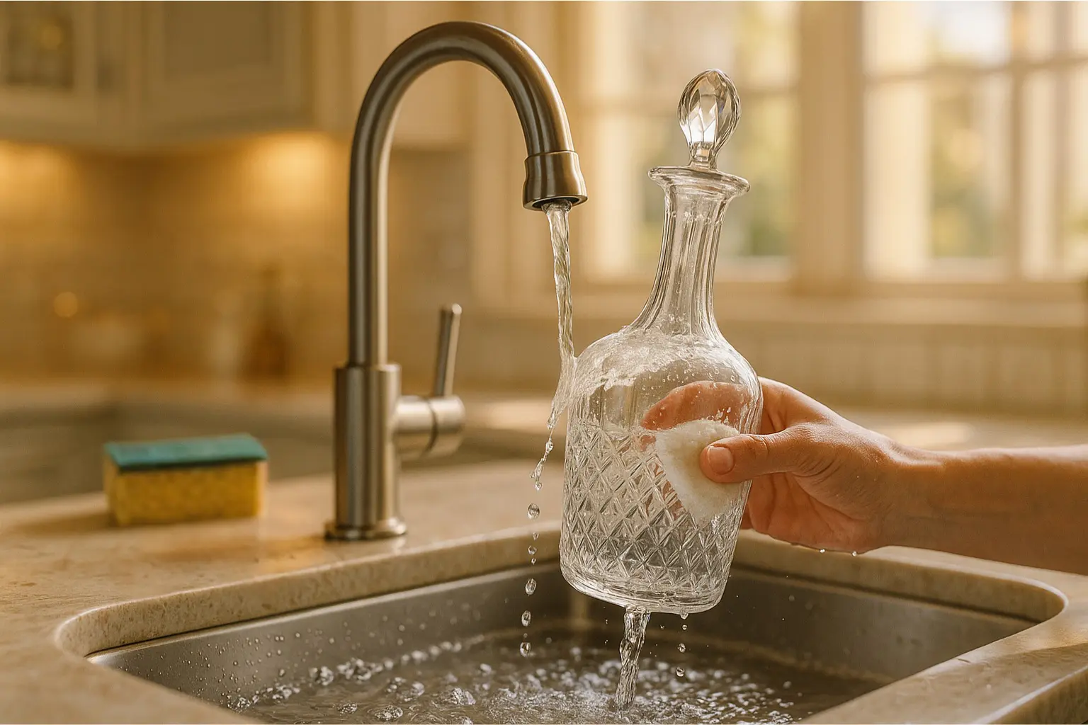 Rinçage d’une carafe en verre taillé sous un robinet d’eau claire dans une cuisine lumineuse