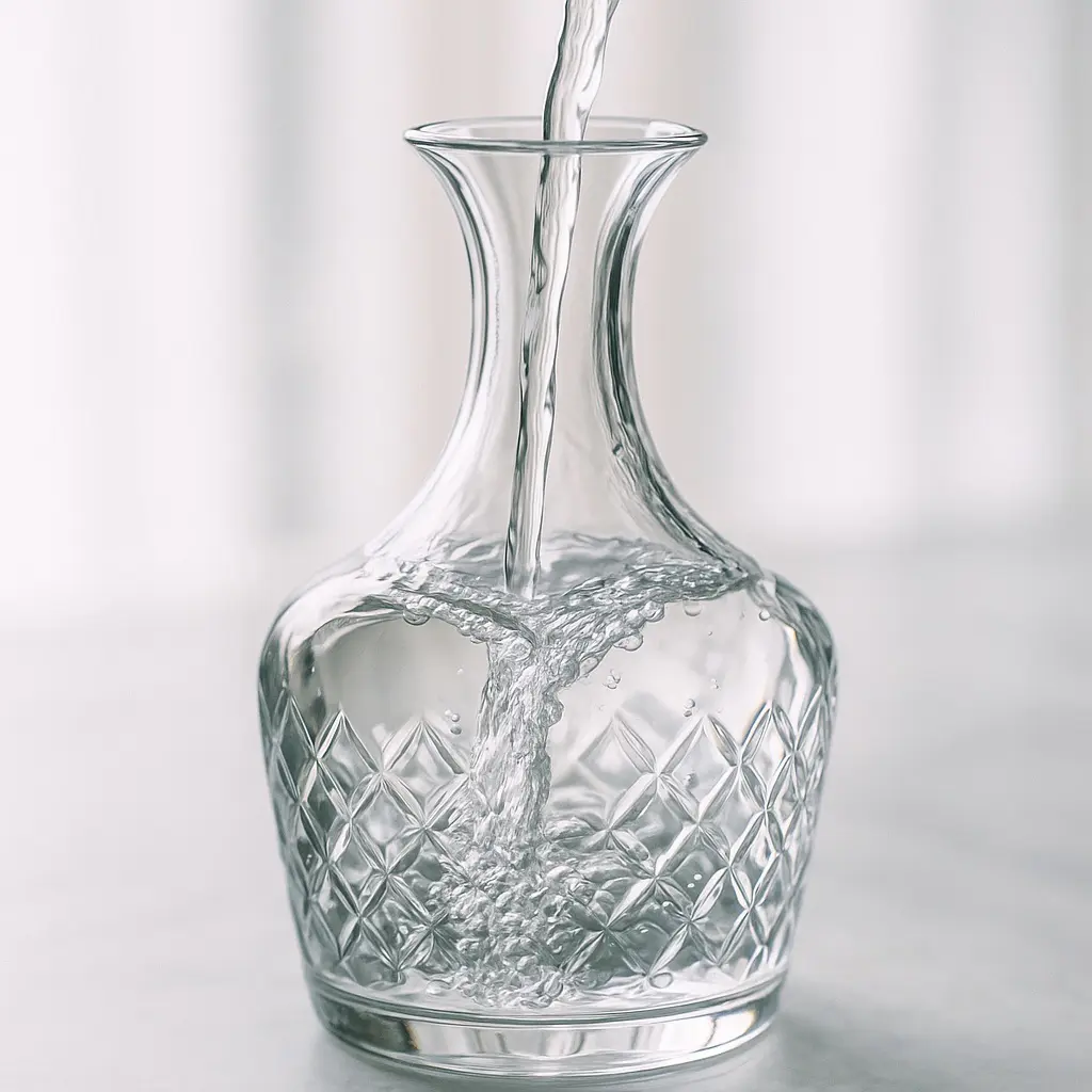 Carafe en verre taillé remplie d’eau claire lors du rinçage après nettoyage