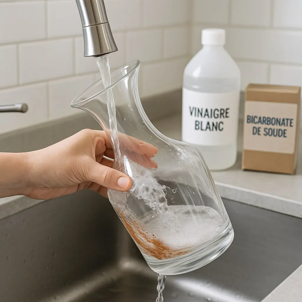Main rinçant une carafe en verre sous l’eau claire au-dessus d’un évier, résidus visibles au fond, flacons de vinaigre blanc et bicarbonate en arrière-plan