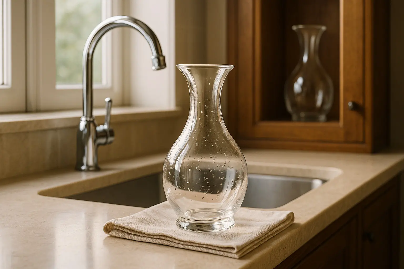 Carafe en verre posée à l’envers sur un torchon propre près d’un évier, séchant à l’air libre pour éviter les traces d’eau