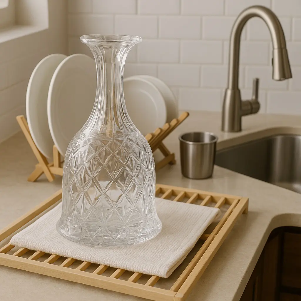 Carafe en verre retournée sur un torchon propre pour un séchage sans humidité