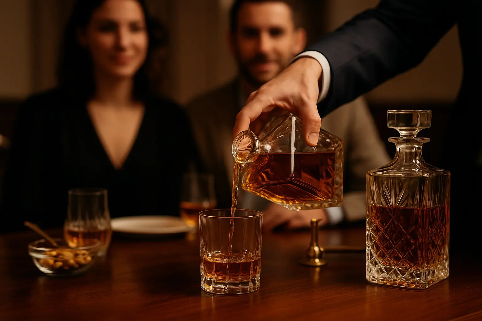 Un hôte sert du whisky dans un verre tumbler depuis une carafe en cristal, sous le regard attentif de deux invités assis à table.