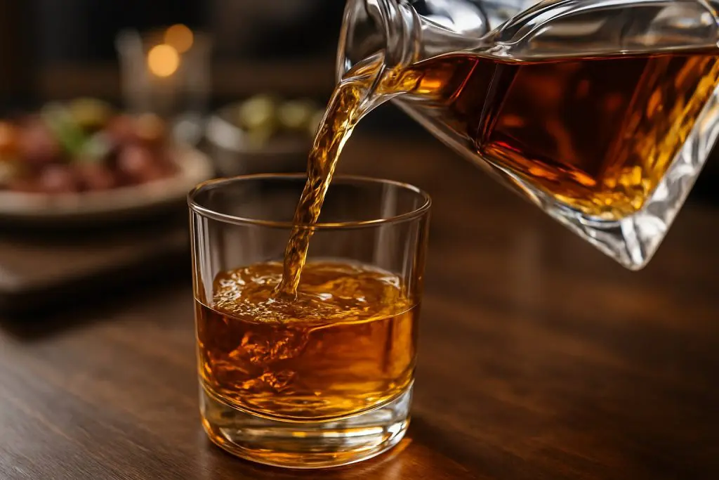 Whisky versé depuis une carafe en cristal dans un verre tumbler, gros plan sur la couleur dorée du spiritueux