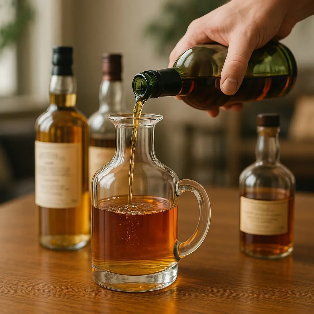 Main versant du whisky dans une carafe à poignée en verre sur une table en bois, entourée de plusieurs bouteilles.