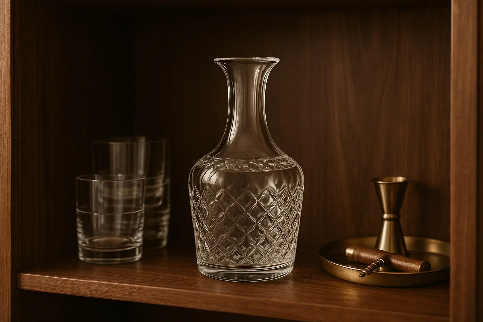Carafe en verre taillé rangée sur une étagère en bois avec verres à whisky et accessoires de bar
