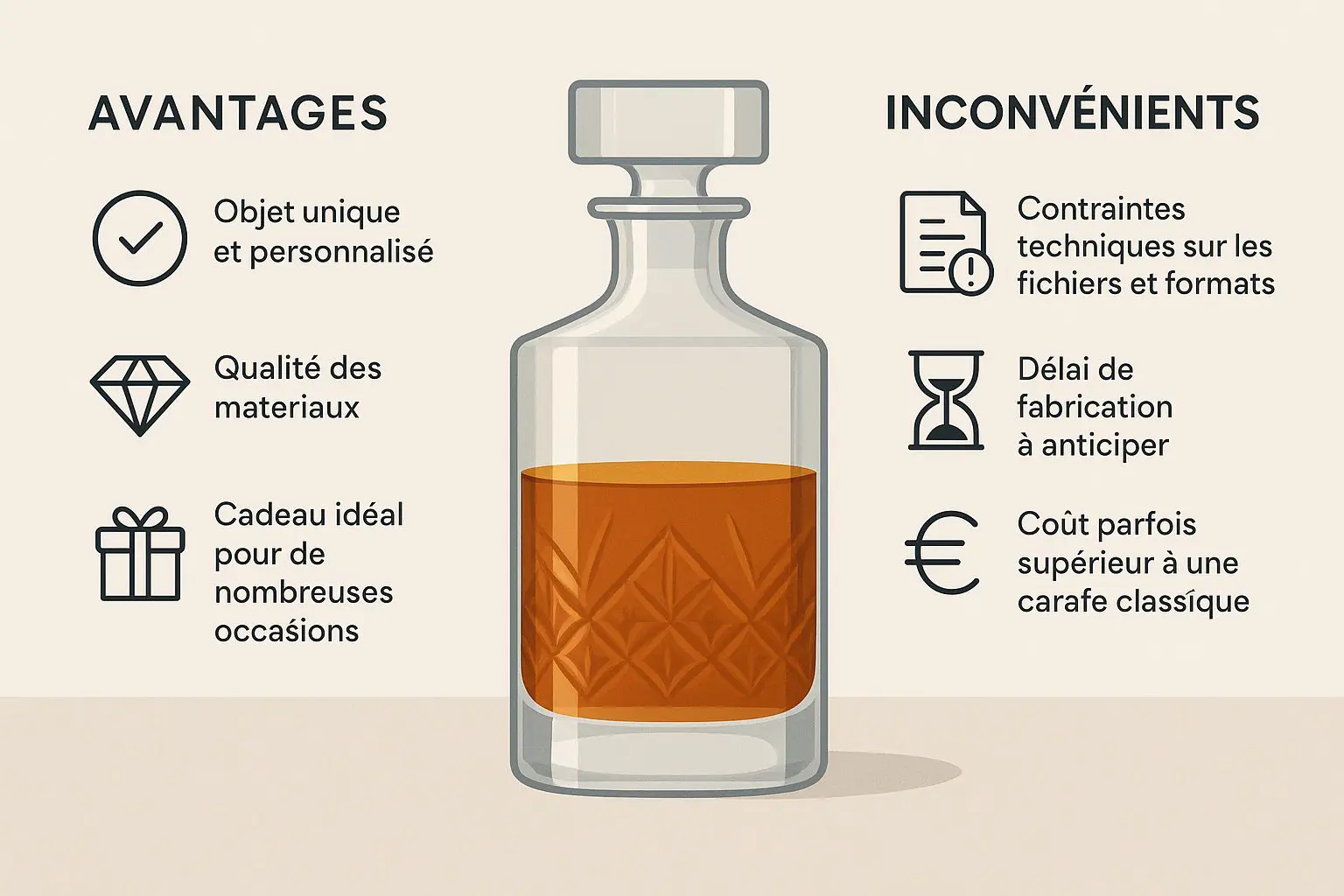 infographie des avantages et inconvénients d’une carafe à whisky personnalisée avec icônes et bouteille illustrée