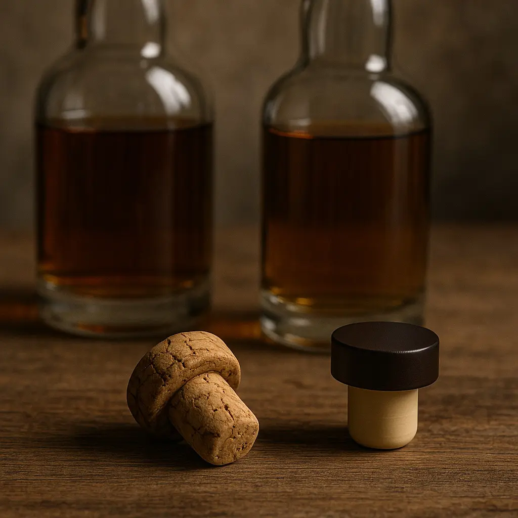 bouchons de whisky posés devant des bouteilles en verre moderne illustrant la stabilité du whisky