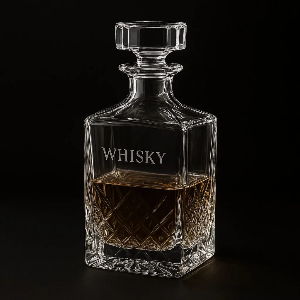 carafe à whisky en cristal sans plomb brillante et transparente, gravée avec élégance et posée sur une table lumineuse