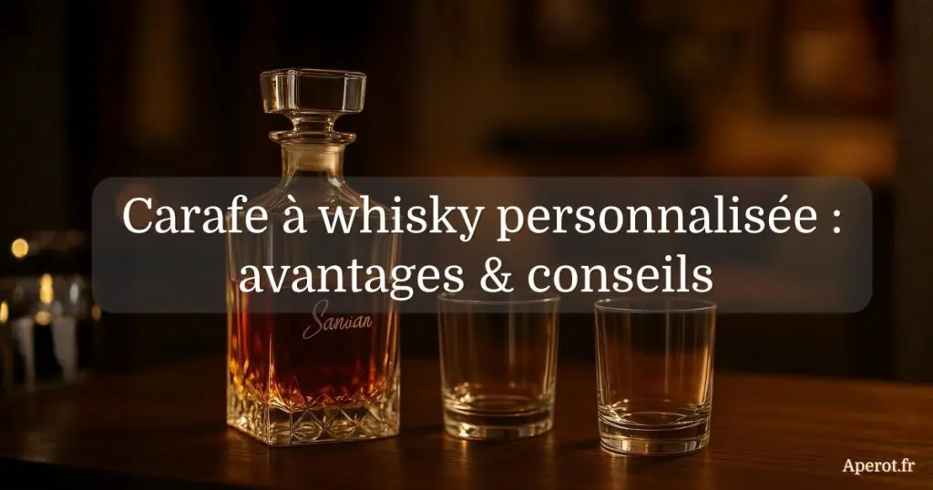 carafe à whisky personnalisée avec verres assortis sur table en bois illustrant les avantages et conseils de personnalisation