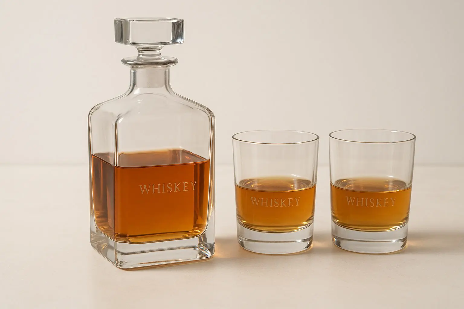 carafe à whisky personnalisée en verre transparent avec gravure WHISKEY accompagnée de deux verres assortis remplis de whisky ambré