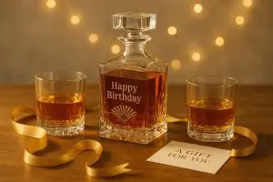 carafe à whisky personnalisée gravée happy birthday avec deux verres assortis et un ruban doré sur une table en bois