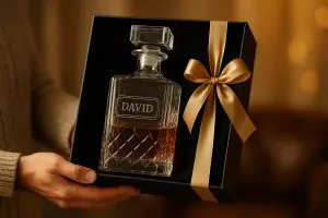carafe à whisky personnalisée gravée du prénom David présentée dans un coffret cadeau noir avec ruban doré