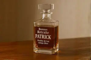 carafe à whisky personnalisée gravée bonnes retraite patrick posée sur une table en bois dans une lumière chaleureuse