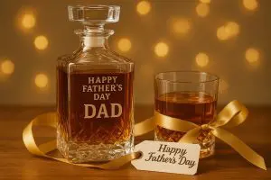 carafe à whisky personnalisée gravée happy father’s day dad avec verre assorti et ruban doré sur une table en bois